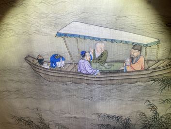 Chinese school, ink and colour on silk, 18/19th C.: 'Tea party on the water'