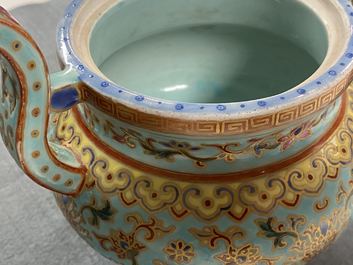 A Chinese famille rose turquoise-ground censer and cover, Republic