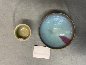A Chinese Longquan celadon stem cup and a Junyao bowl, Ming and/or later