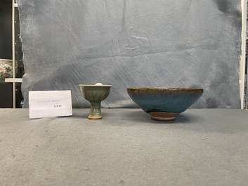 A Chinese Longquan celadon stem cup and a Junyao bowl, Ming and/or later