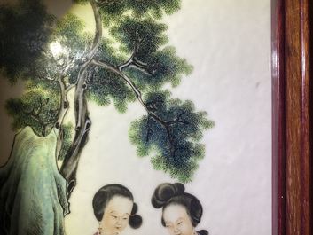 A Chinese famille rose plaque with two ladies in a garden, Republic