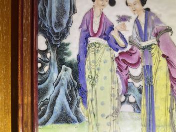 A Chinese famille rose plaque with two ladies in a garden, Republic