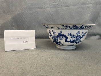 A Chinese blue and white 'Three friends of winter' bowl, Kangxi mark and of the period