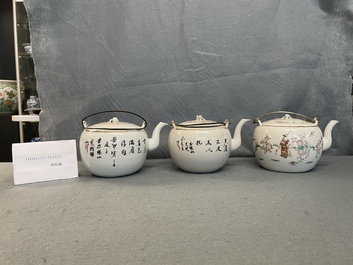 Four Chinese famille rose teapots, three bowls and a caddy, 19/20th C.