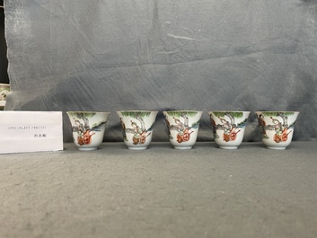 Five Chinese famille rose cups and saucers, Tongzhi mark and of the period