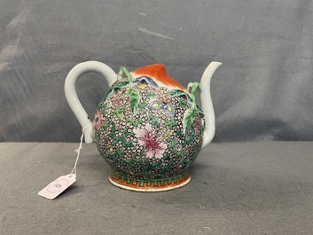 A Chinese famille rose peach-shaped 'cadogan' teapot with applied floral design, Qianlong