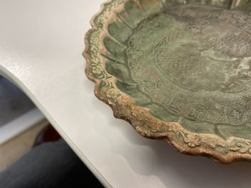 A Chinese green-glazed lotus-shaped 'phoenix' dish, Yuan