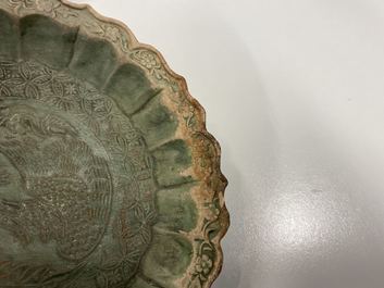 A Chinese green-glazed lotus-shaped 'phoenix' dish, Yuan