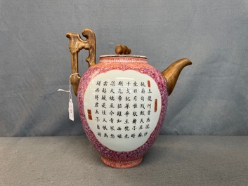 A tall Chinese famille rose wine ewer and cover, Qianlong mark, Republic