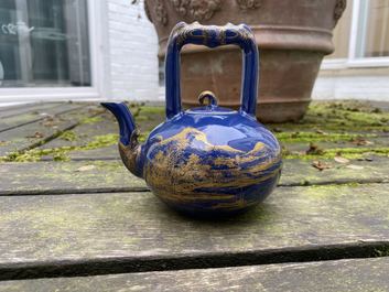 A Chinese gilt-decorated blue-ground teapot and cover, Qianlong mark and of the period