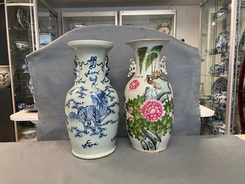 Cinq vases en porcelaine de Chine famille rose, qianjiang cai et c&eacute;ladon, 19/20&egrave;me