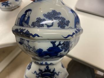 A pair of Dutch Delft blue and white chinoiserie vases, late 17th C.