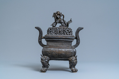 A large Chinese bronze censer and cover, Ming