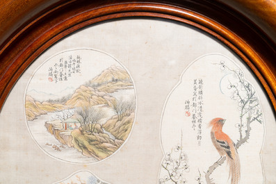 Ecole chinoise, encre et couleurs sur textile d'&eacute;ventail: 'Deux oiseaux et un paysage montagneux', 19/20&egrave;me