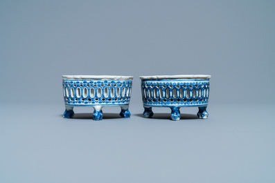 A pair of Chinese blue and white salts after European silver examples, Qianlong