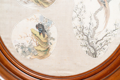 Chinese school, ink and color on textile fan leaf: 'Birds and a mountainous landscape', 19/20th C.