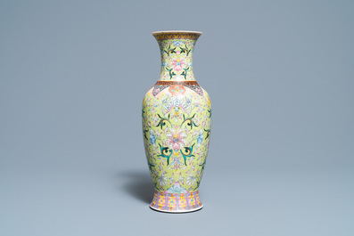 A Chinese famille rose lime green-ground vase, Qianlong mark, Republic