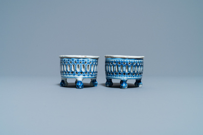 A pair of Chinese blue and white salts after European silver examples, Qianlong