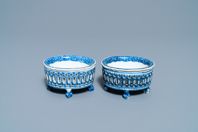 A pair of Chinese blue and white salts after European silver examples, Qianlong