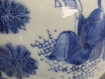 A Chinese blue and white double gourd vase with figures in a landscape, Transitional period