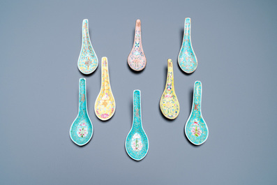 Eight Chinese famille rose spoons, one pair Tongzhi mark and of the period, 19/20th C.