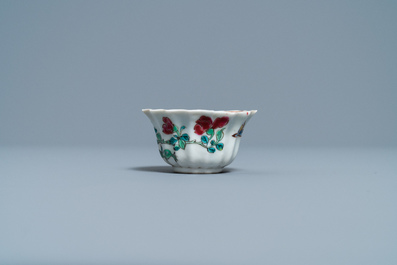 A lobed Chinese famille rose 'rooster' cup and saucer, Yongzheng