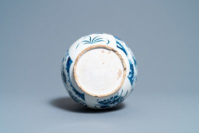 A Dutch Delft blue and white chinoiserie bottle vase in transitional style, ca. 1700