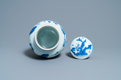 A Chinese blue and white jar and cover with figures in a landscape, Transitional period