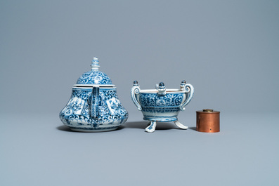 An extremely rare Arita blue and white Delft-style kettle on heating stand, Japan, Edo, ca. 1750