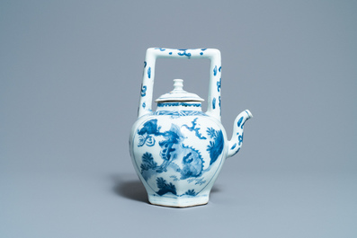 A large Chinese blue and white 'qilin' wine ewer and cover, Transitional period