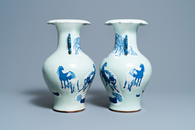 A pair of Chinese blue and white celadon 'horse' vases, 19th C.