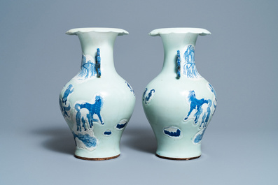 A pair of Chinese blue and white celadon 'horse' vases, 19th C.