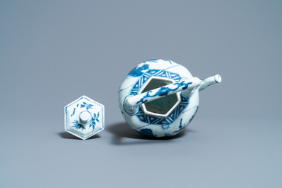 A large Chinese blue and white 'qilin' wine ewer and cover, Transitional period