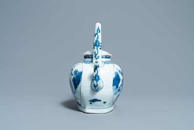 A large Chinese blue and white 'qilin' wine ewer and cover, Transitional period