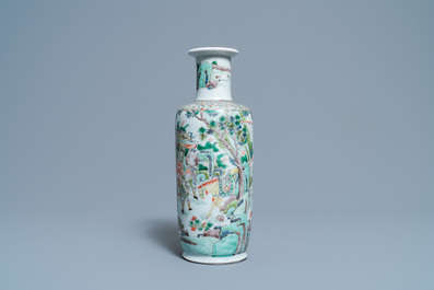 A rare Chinese famille verte 'Feng shen bang' rouleau vase, Kangxi