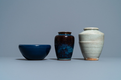 A Chinese flamb&eacute;-glazed vase, a cream-glazed vase and a blue-glazed censer, Qing