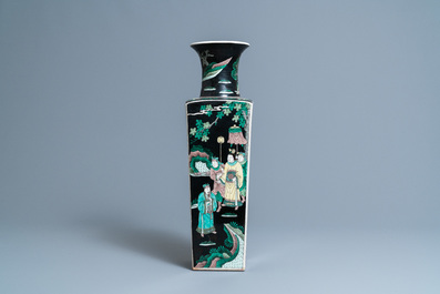 A Chinese square famille noire vase with figurative panels, Kangxi mark, 19th C.