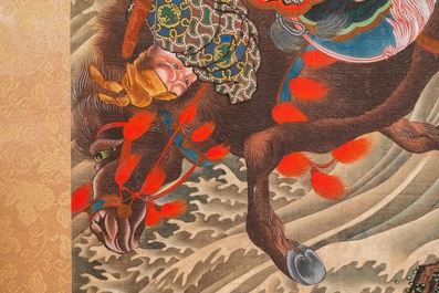 Katsushika Hokusai (Japan, 1760 &ndash; 1849), inkt en kleur op zijde: Ryubi springt te paard over een stroom, ca. 1834
