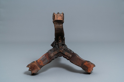 A Chinese carved wooden side table with marble chessboard top, 19th C.