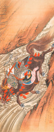 Katsushika Hokusai (Japon, 1760 &ndash; 1849), encre et couleurs sur soie: Ryubi sautant son cheval &agrave; travers un ruisseau, ca. 1834