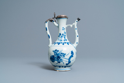 A Chinese blue and white silver-mounted ewer and cover, Transitional period