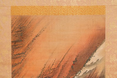 Katsushika Hokusai (Japon, 1760 &ndash; 1849), encre et couleurs sur soie: Ryubi sautant son cheval &agrave; travers un ruisseau, ca. 1834