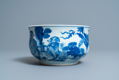 A Chinese blue and white 'mythical beasts' censer, Transitional period