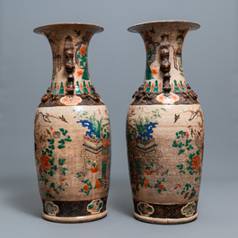 A pair of very large Chinese Nanking crackle-glazed famille verte vases, 19th C.