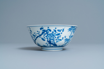 A Chinese blue and white 'Three friends of winter' bowl, Kangxi mark and of the period