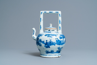 A large Chinese blue and white 'scholars' wine ewer and cover, Transitional period