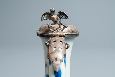 A Chinese blue and white silver-mounted ewer and cover, Transitional period