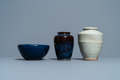 A Chinese flamb&eacute;-glazed vase, a cream-glazed vase and a blue-glazed censer, Qing