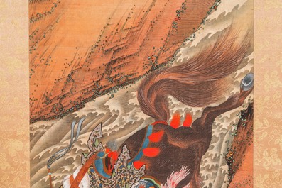 Katsushika Hokusai (Japan, 1760 &ndash; 1849), ink and color on silk: Ryubi jumping his horse across a stream, ca. 1834