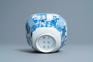 A Chinese square blue and white bowl, Xuande mark, Kangxi